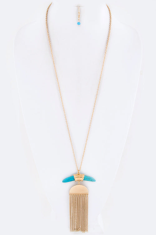 Precious Stone Horn & Chain Drop Necklace Set