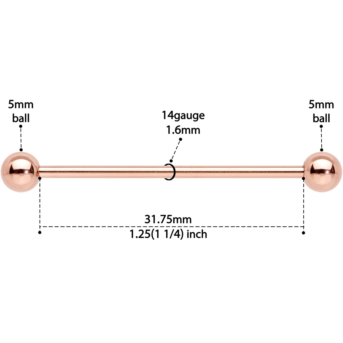 14G 1 1/4 Rose Gold Plated Straight Barbell