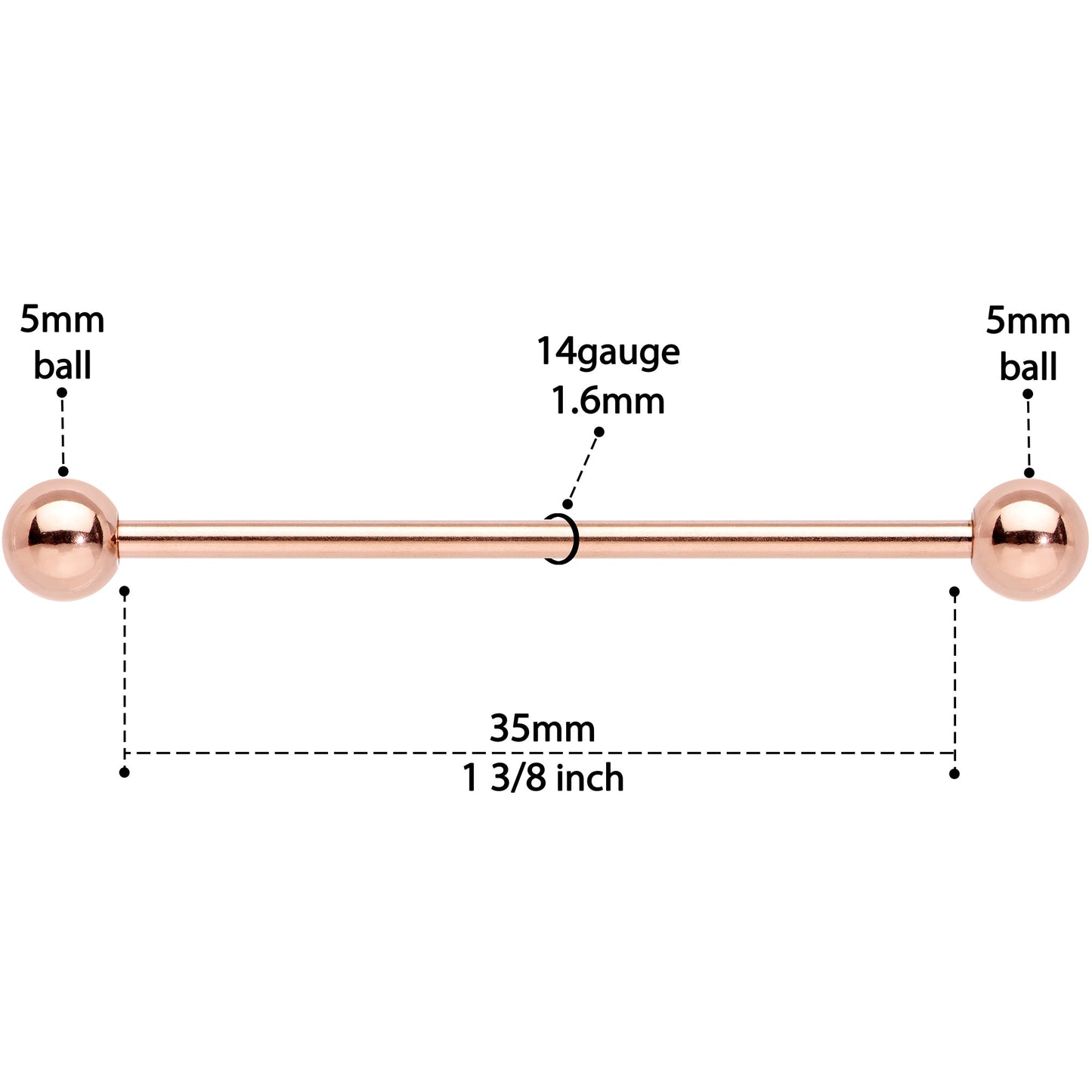 14G 1 3/8 Rose Gold Plated Straight Barbell