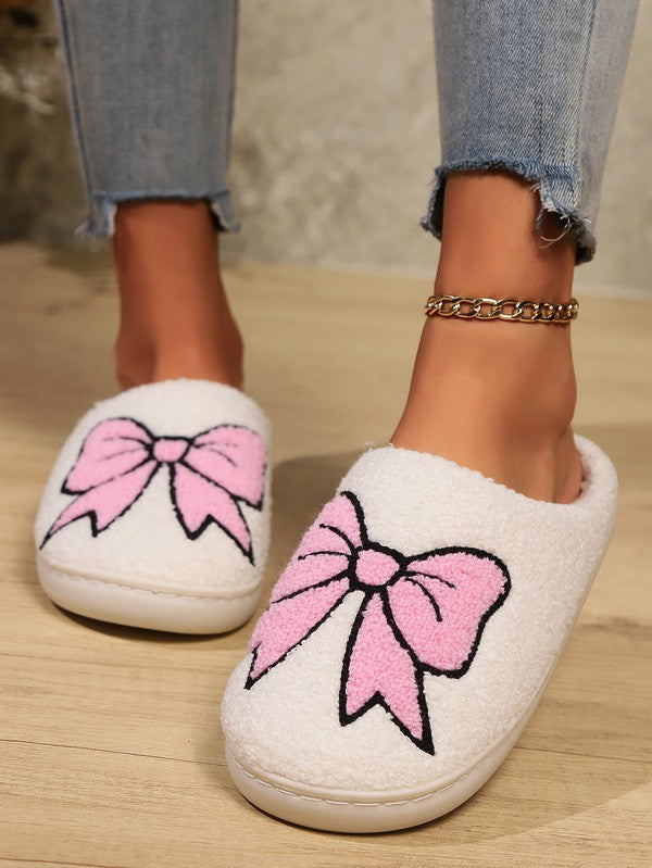 Cute Bowknot Pattern Fuzzy Winter Home Slippers