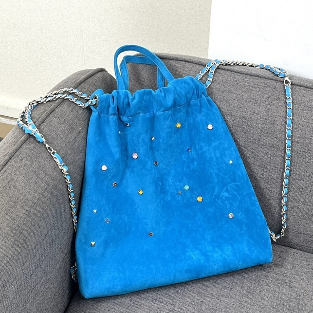 Women's bag matte suede backpack purse, splicing colored gemstone chain backpack, drawstring portable backpack