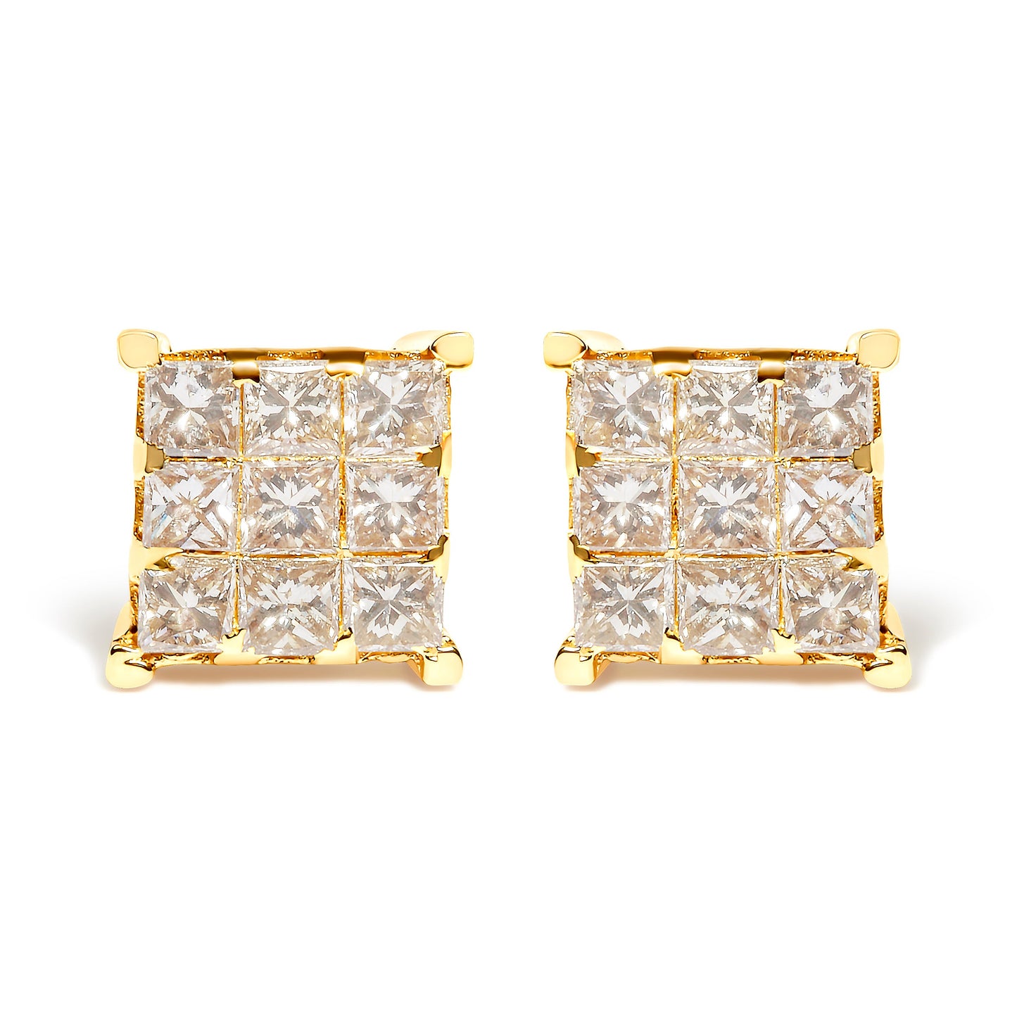14K Yellow Gold 1 1/2 Cttw Invisible Set Princess-Cut Diamond 9 Stone Square Stud Earrings (J-K Color, SI2-I1 Clarity)
