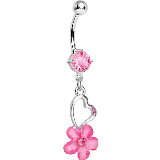 Pink Gem Hollow Heart Flower Dangle Belly Ring