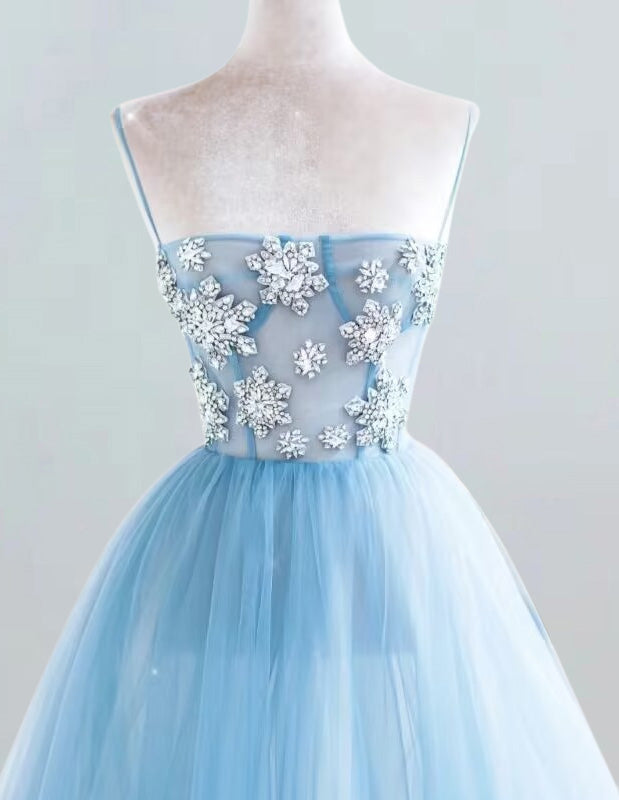 Women's Elegant Blue Strapless Beaded Evening Prom Gown | Formal Ball Dress