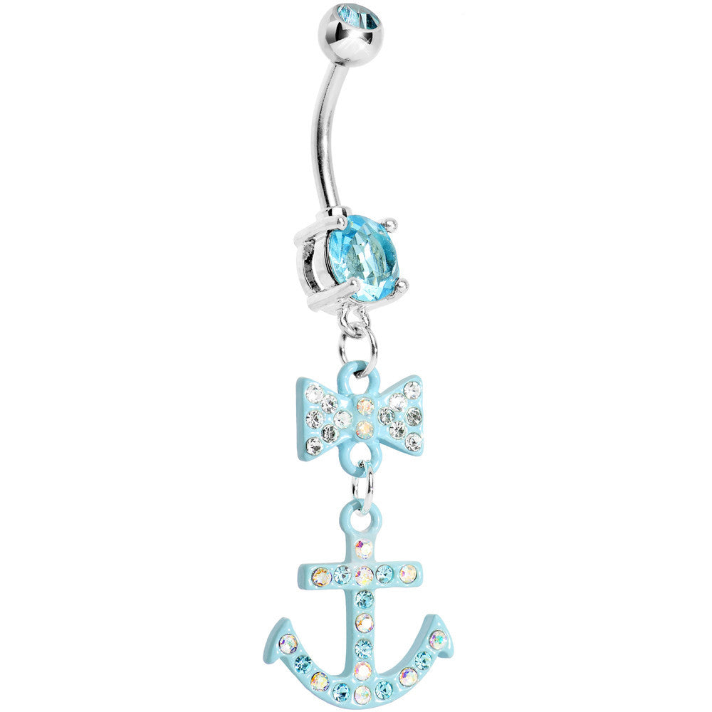 Aqua Double Gem Bow Tie Aqua Anchor Dangle Belly Ring