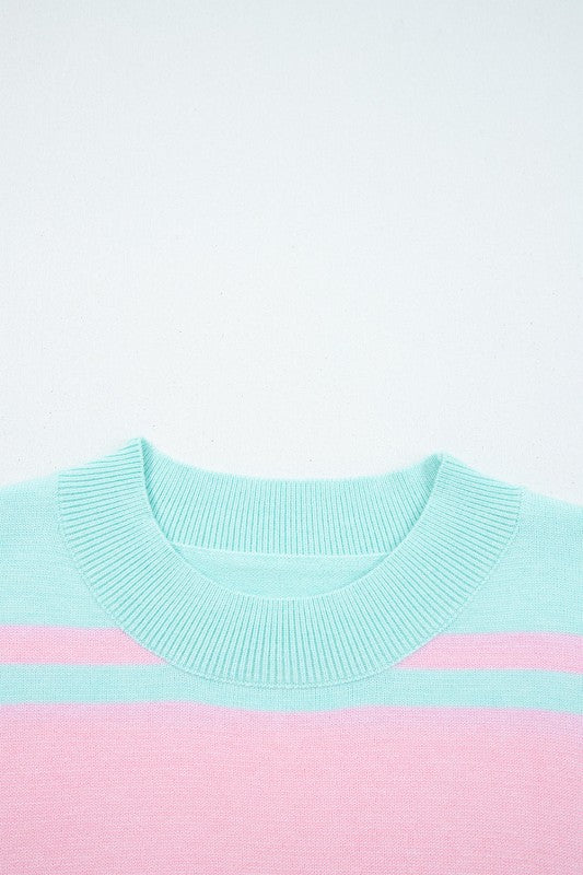 Stripe Ribbed Trim Crewneck Cropped Sweater