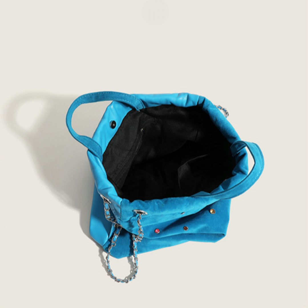 Women's bag matte suede backpack purse, splicing colored gemstone chain backpack, drawstring portable backpack