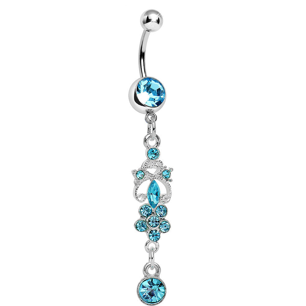 Aqua Gem Antique Scrolls and Flower Dangle Belly Ring