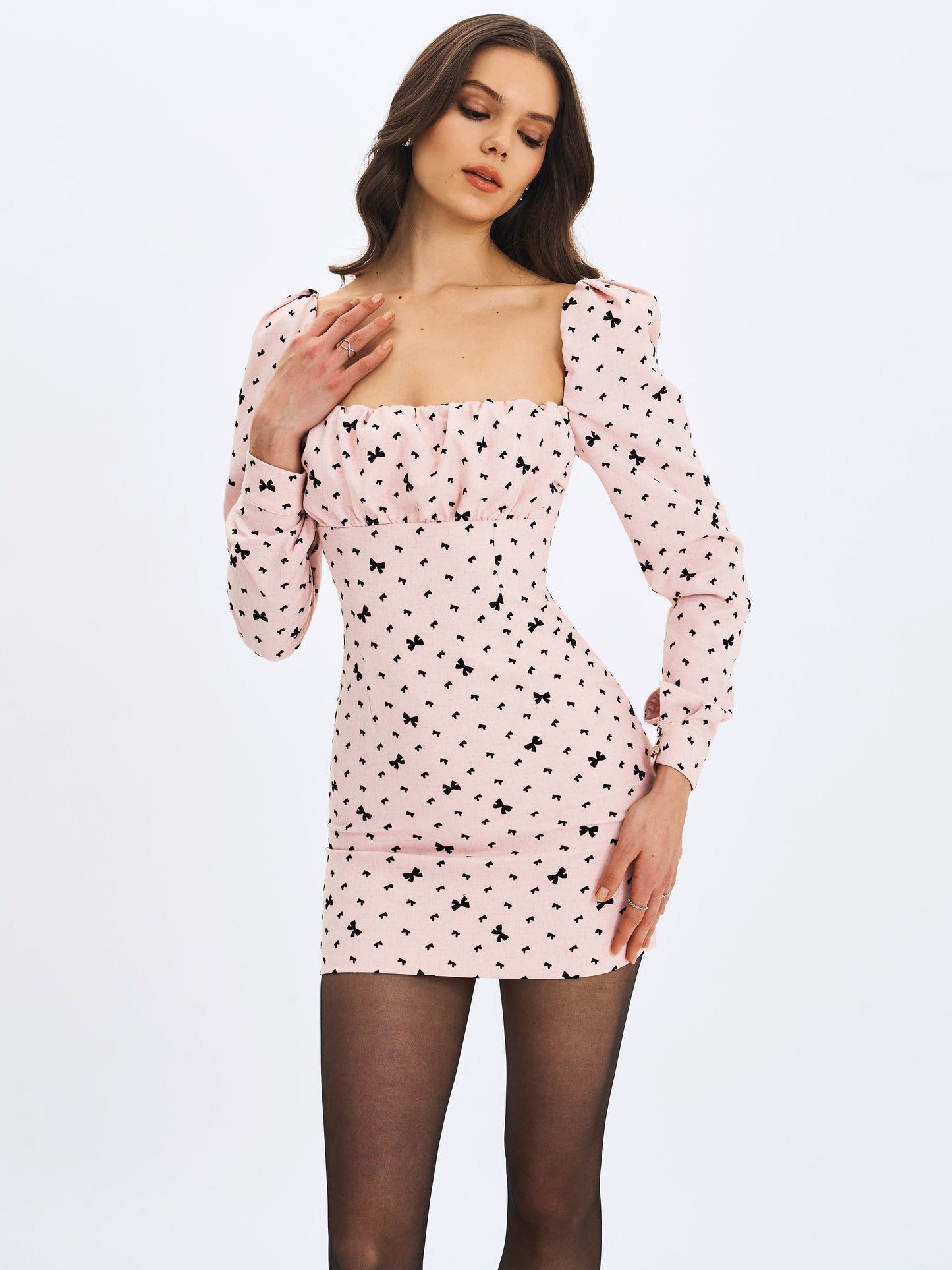 Perla Baby Pink Ruched Bust Velvet-Embossed Bow Mini Dress