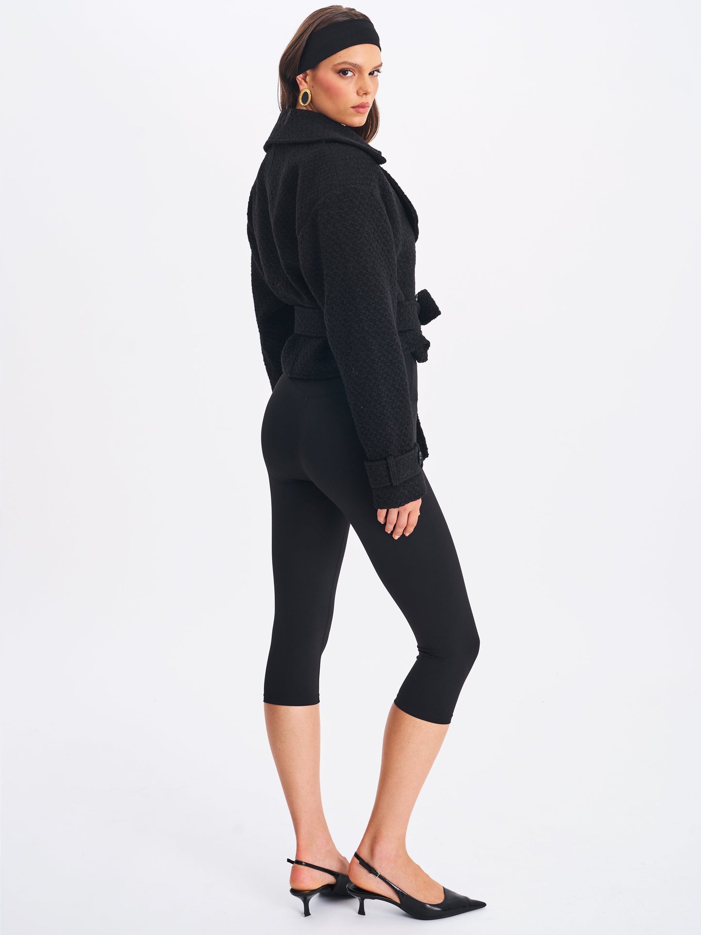 Dara Black Wool Blend Cropped Double-Breasted Belted Coat