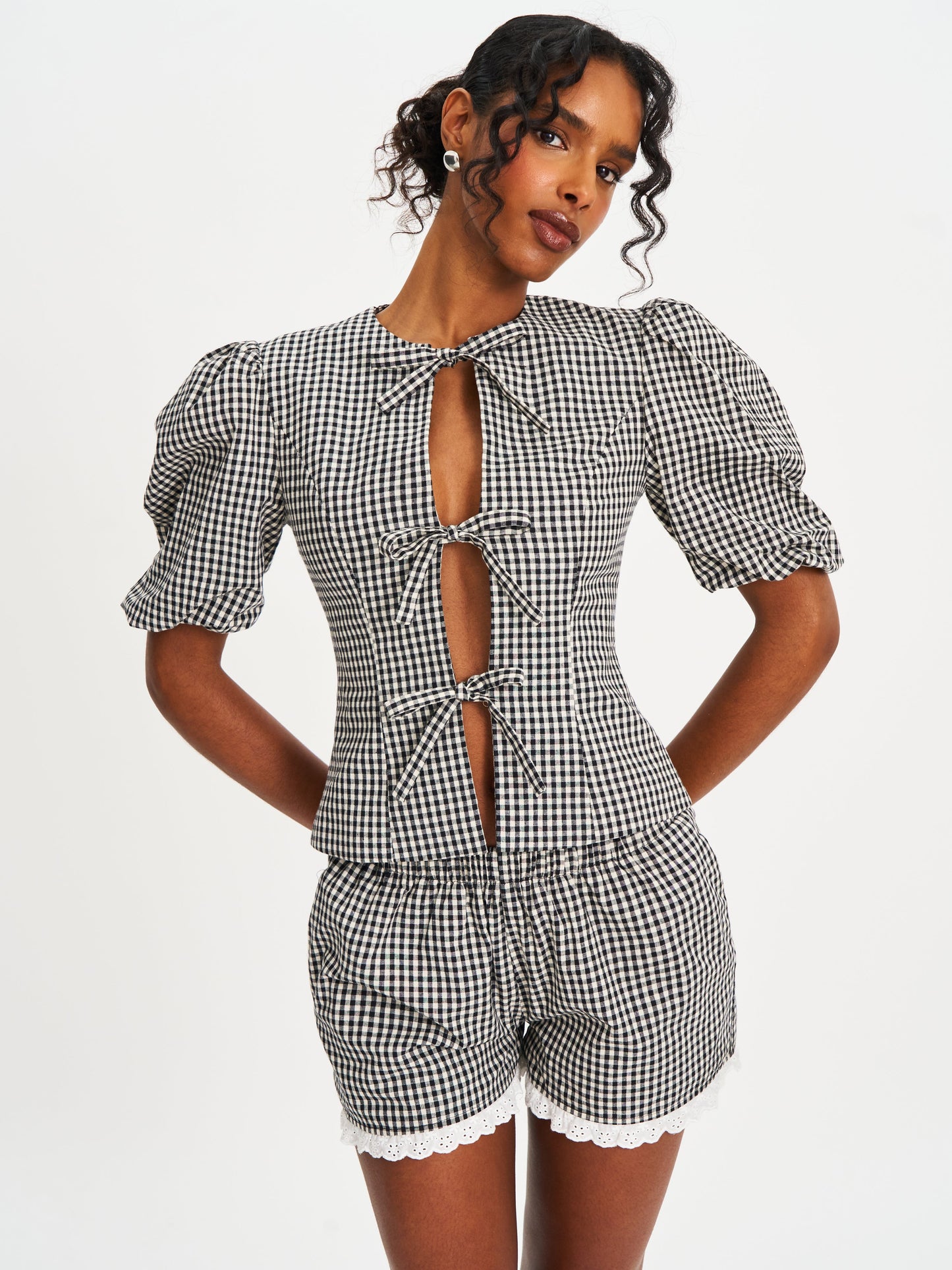 Qutayla Black Gingham Lace Trim Shorts
