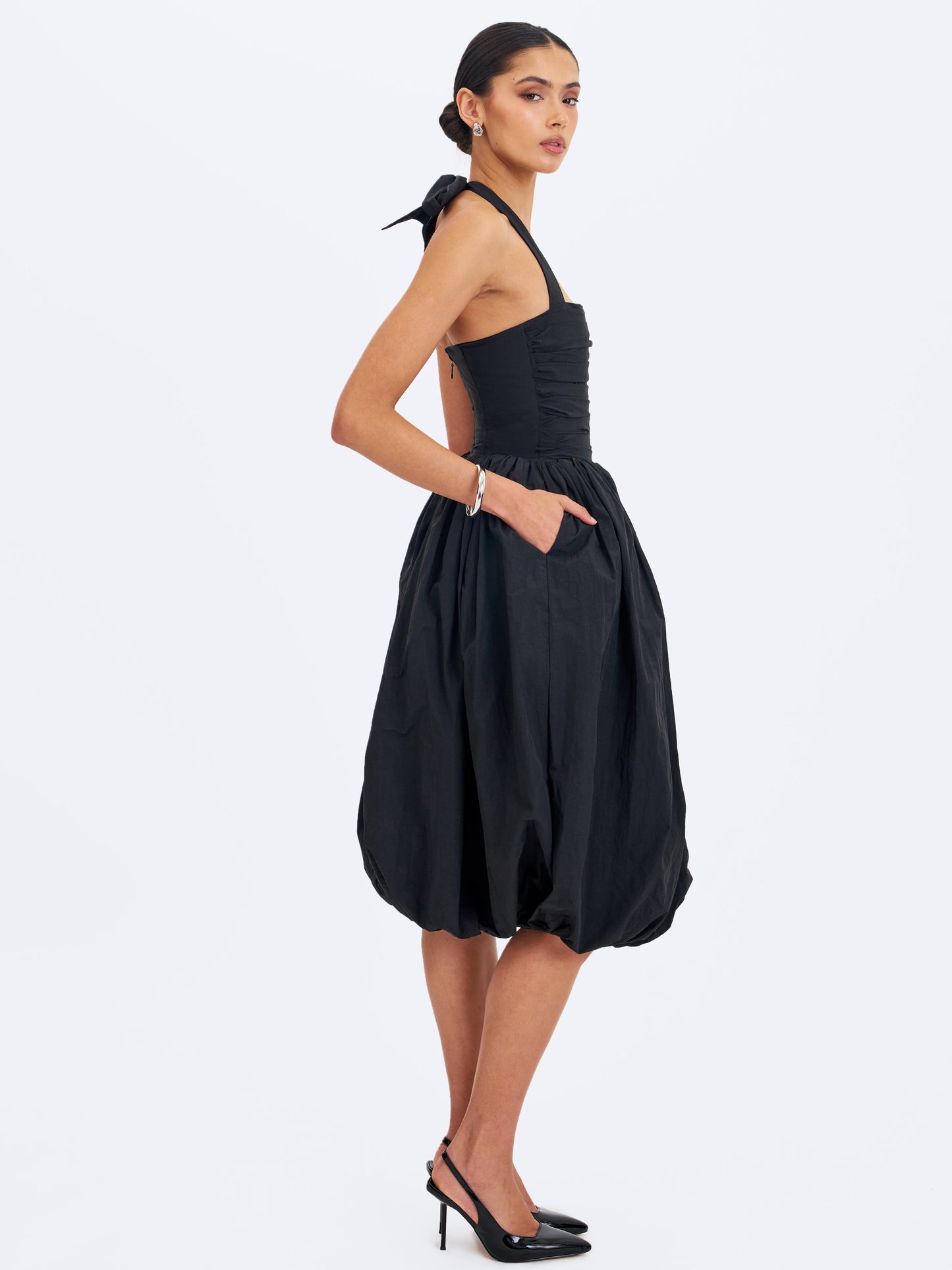 Veradis Black Taffeta Halter Bubble-Hem Midi Dress