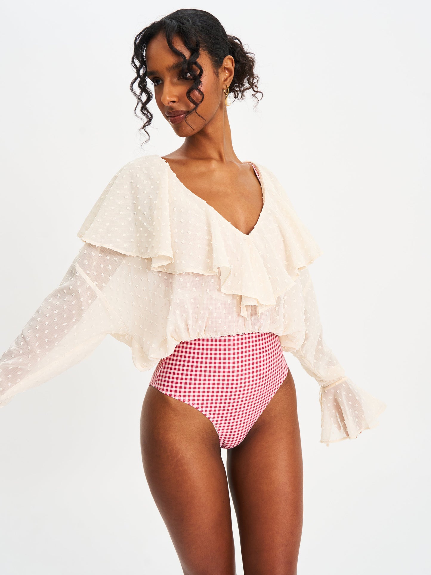Magali Beige Dotted Mesh Ruffle V Collar Top