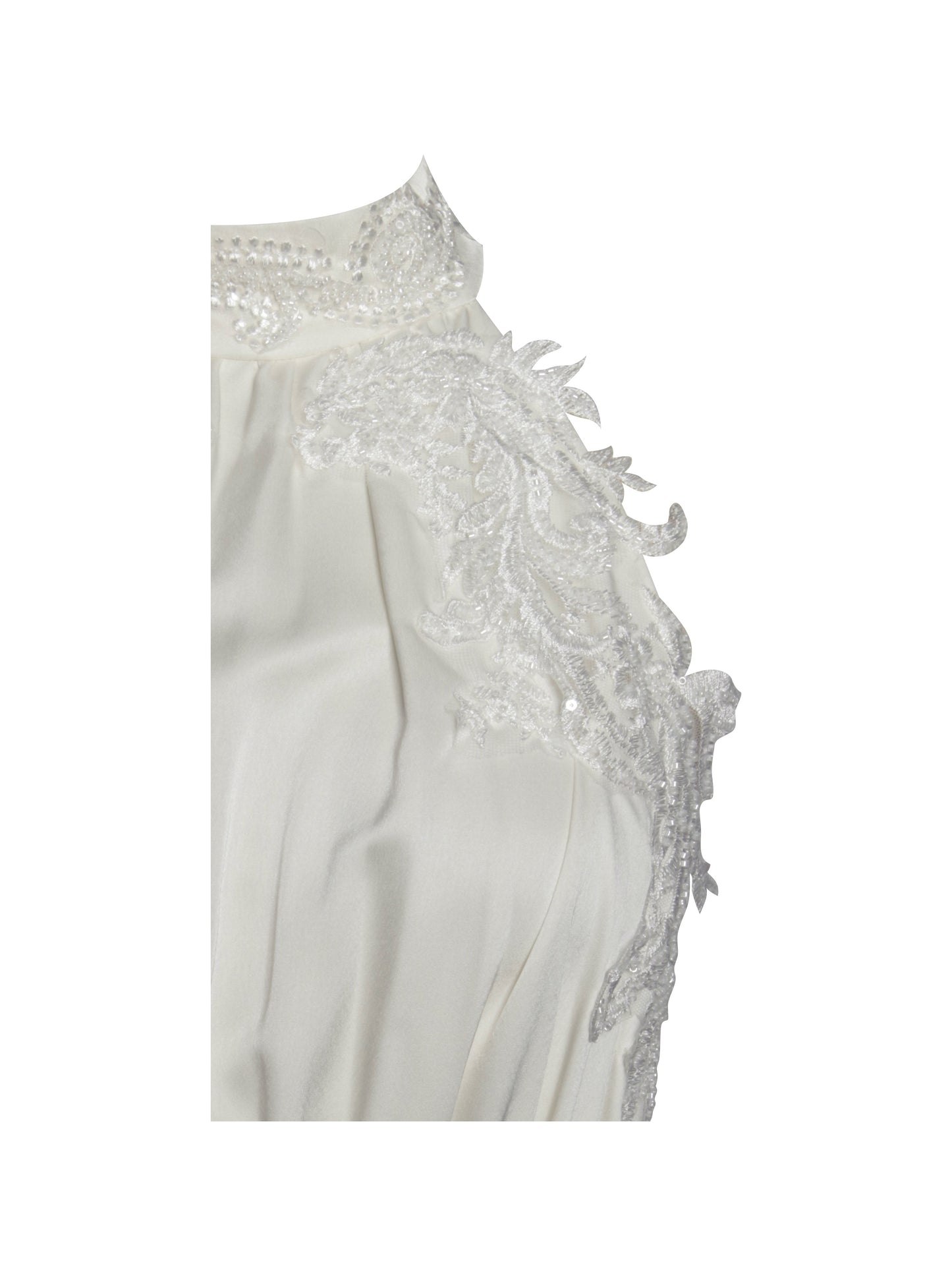 Idalia Pearl White Beaded Lace Trim Backless Halter Mini Dress