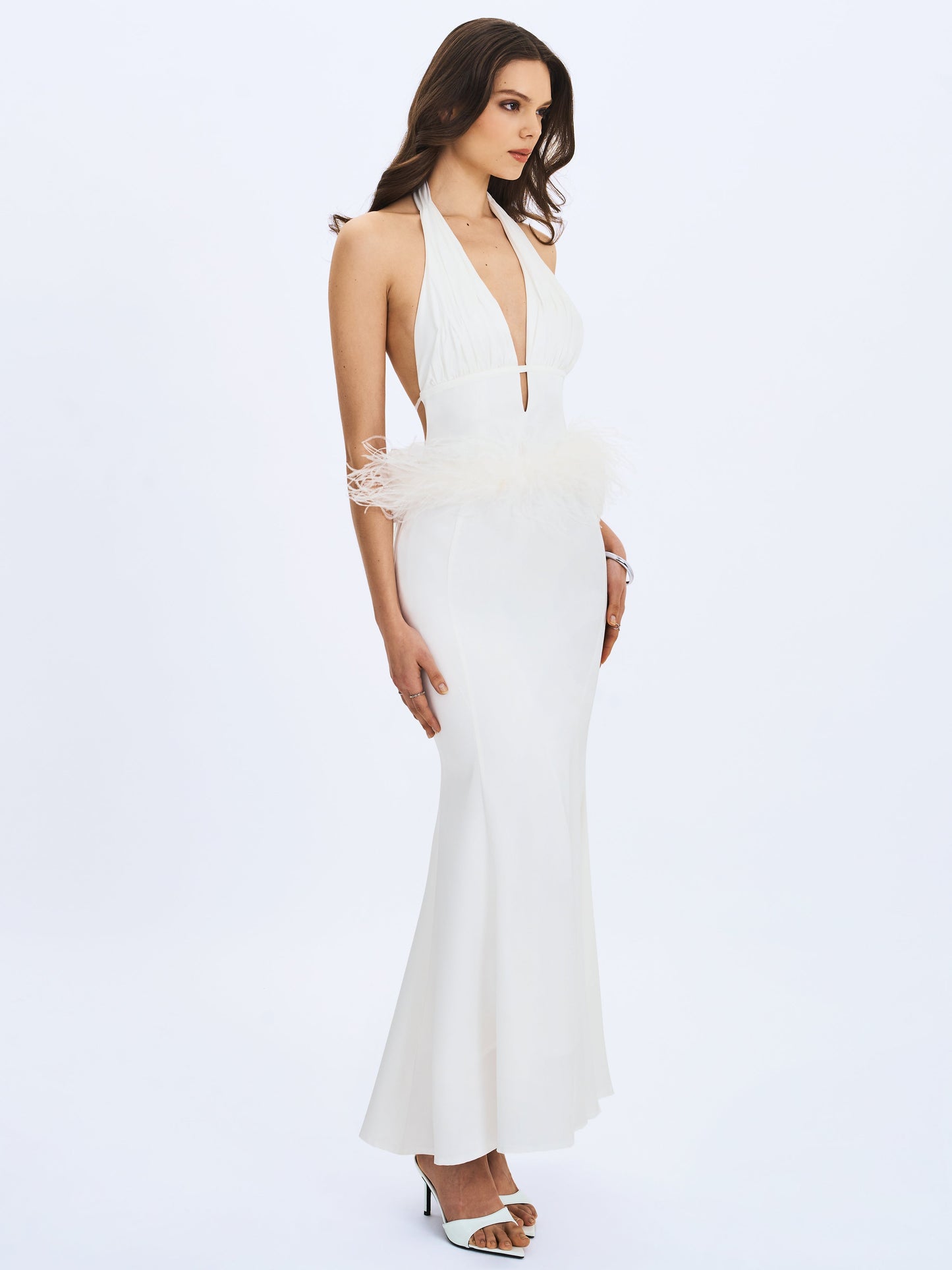 Solene Pleated Halter Backless Feather-Trim Maxi Dress