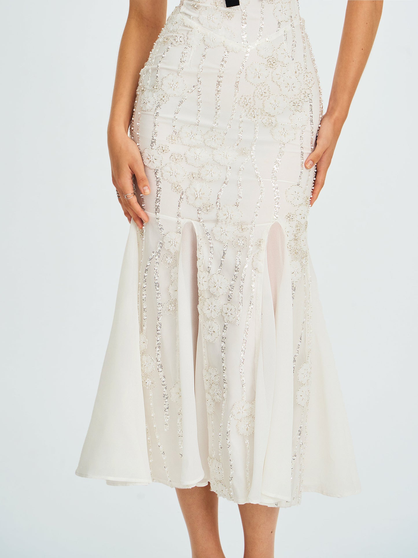 Paola White Peter Pan Collar Beaded Sequin Mermaid Midi Dress
