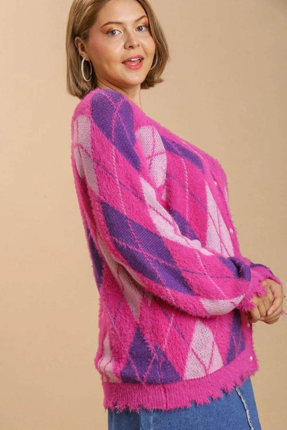 Umgee Full Size Argyle Pattern V-Neck Button Front Cardigan Plus Size
