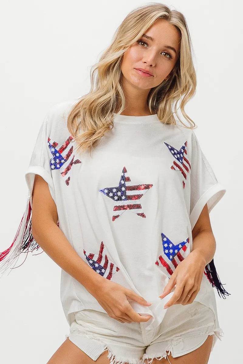 BiBi American Flag Sequin Star Fringe Top