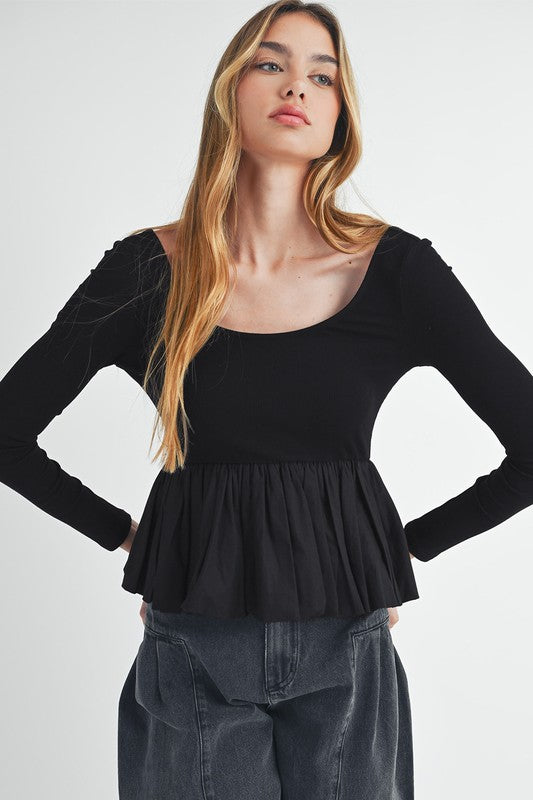 Knit Long Sleeve Scoop Neck Peplum Patchwork Top