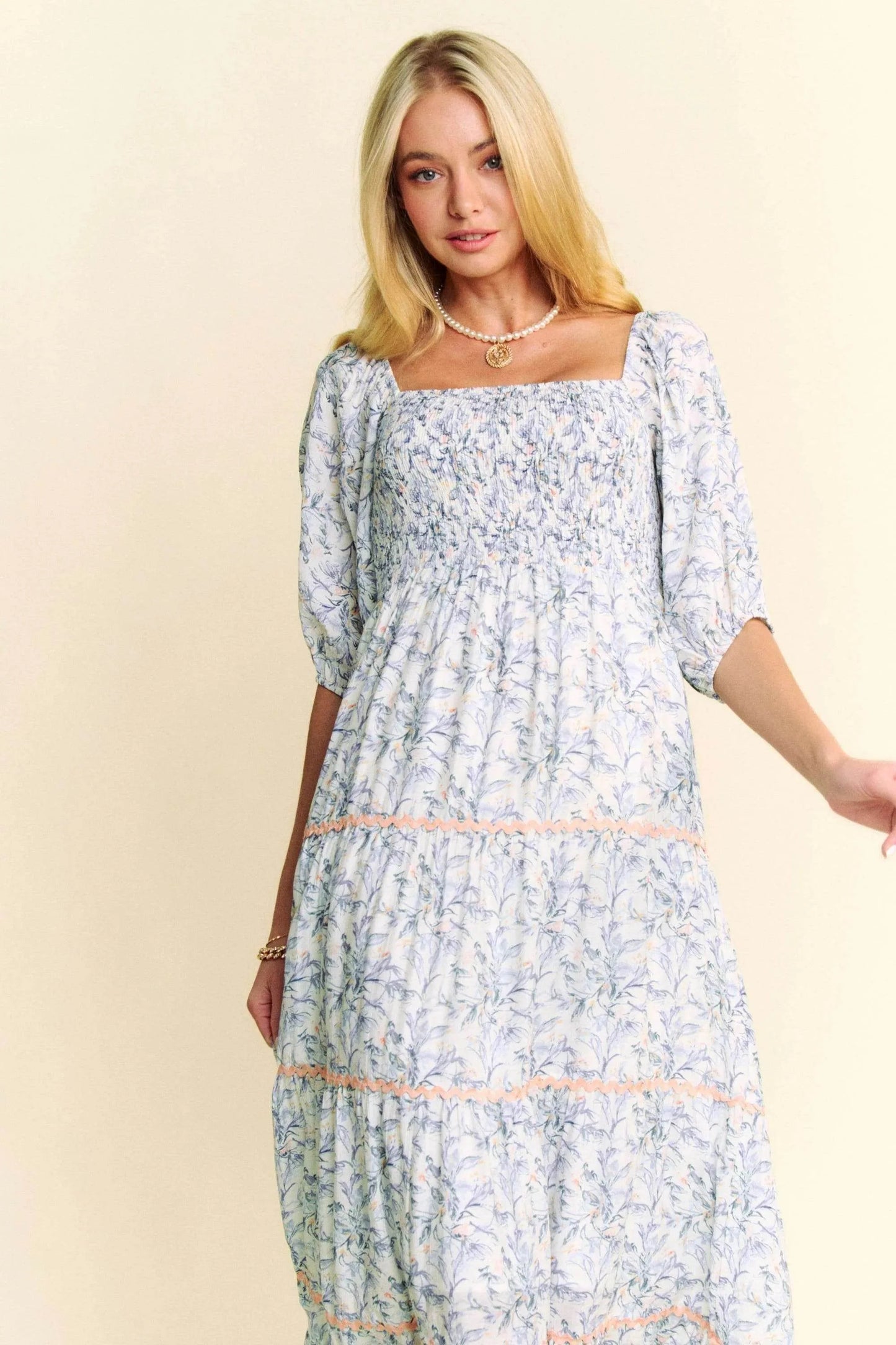 Davi & Dani Contrast Ric Smocking Bodice Tiered Midi Dress