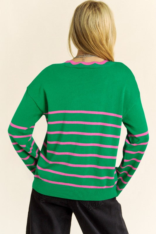 Stripe Cute Bow Detail Sweater Knit Cardigan