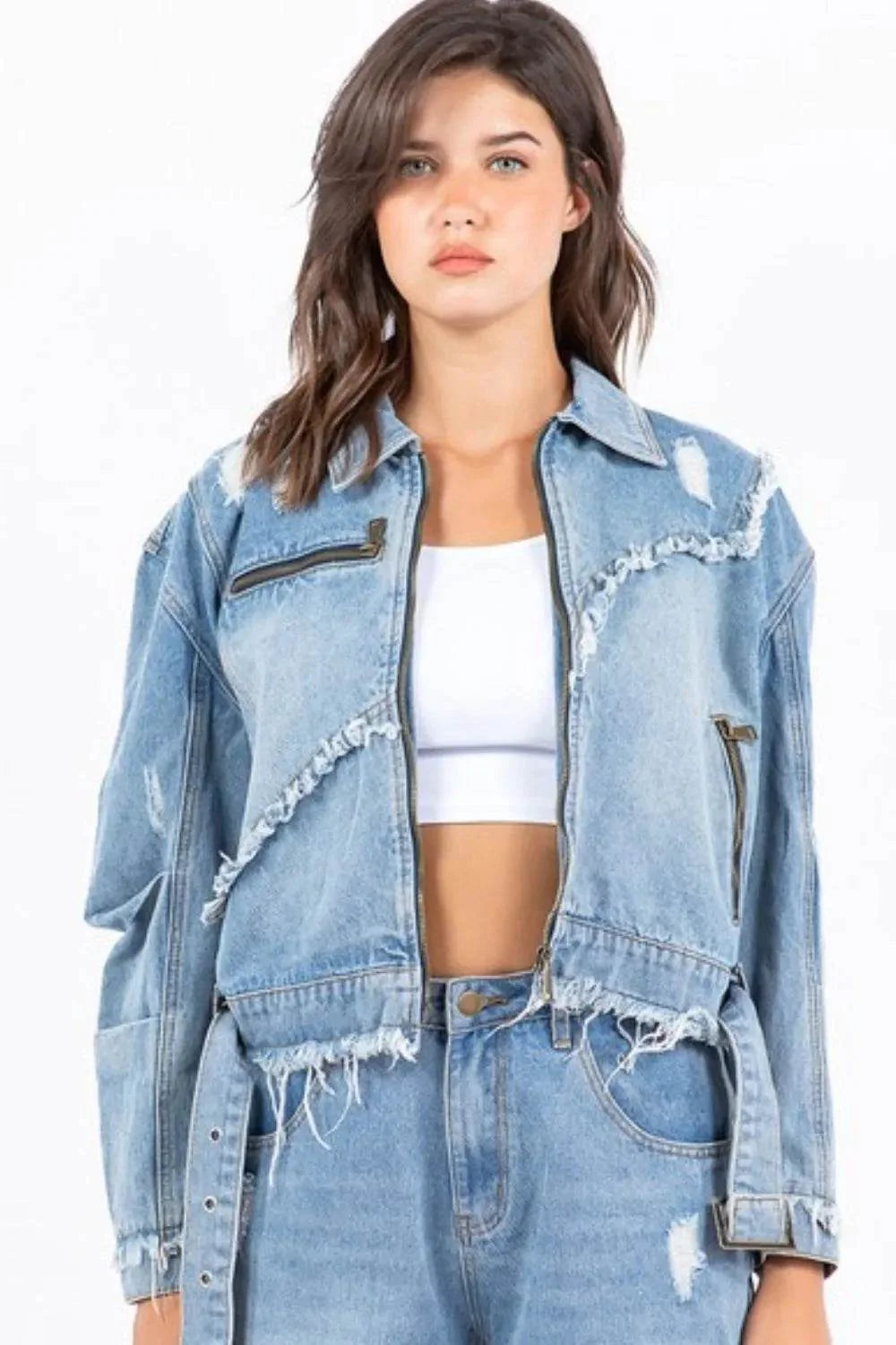 American Bazi Full Size Distressed Frayed Edge Zip Up Denim Jacket Plus Size
