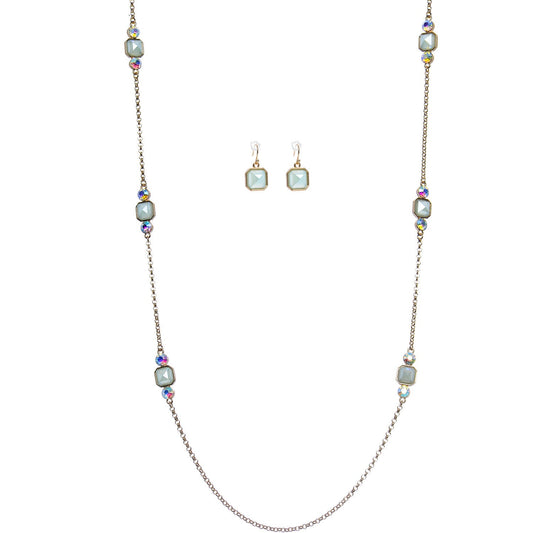 Aurora Gem Mint Green Octagon Faux Stone Dangle Earrings Necklace Set