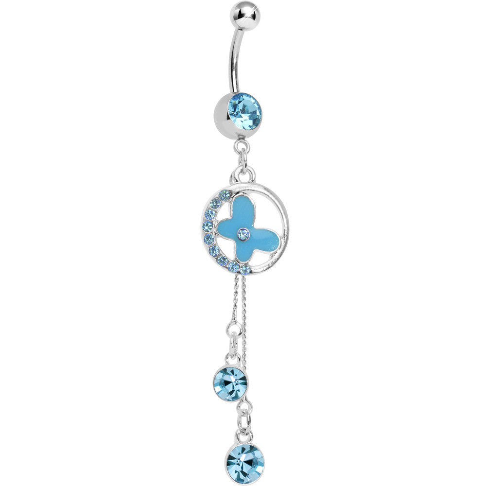Aqua Cubic Zirconia Drops Encircled Butterfly Dangle Belly Ring