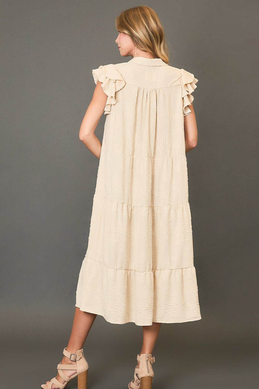 Umgee Full Size Tiered Floral Burnout Ruffle Sleeve Midi Dress Plus Size