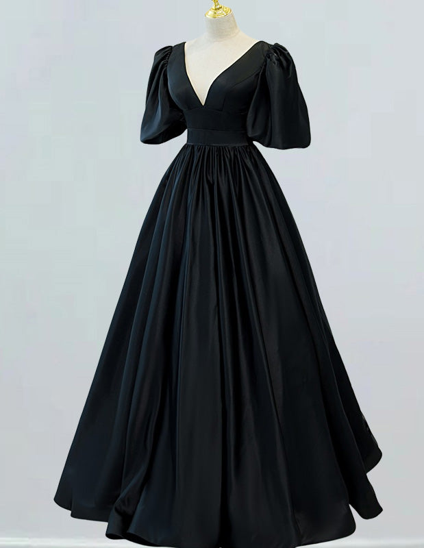 Women's Satin V-Neck Prom Dress | Elegant Evening Gown with Sleeves