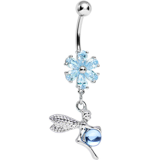Aqua CZ Flower Topped Orb and Fairy Dangle Belly Ring