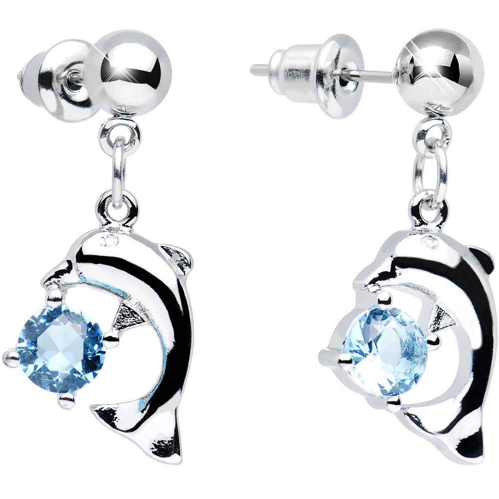 Aqua Cubic Zirconia Curious Curled Dolphin Dangle Post Earrings