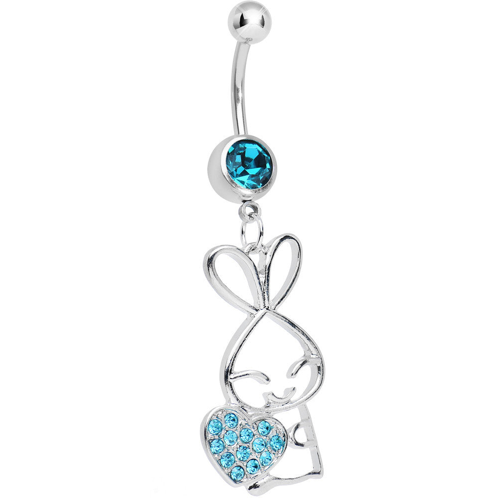 Aqua Cubic Zirconia Hugging Heart Bunny Dangle Belly Ring