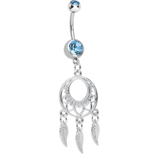 Aqua Double CZ Lost in Dreamland Dreamcatcher Dangle Belly Ring