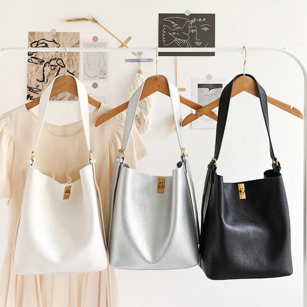 Large Capacity Versatile Bucket Bag for Female - Retro Texture Soft PU Crossbody Hobo Bag with Lock, 2 in 1 Casual Style