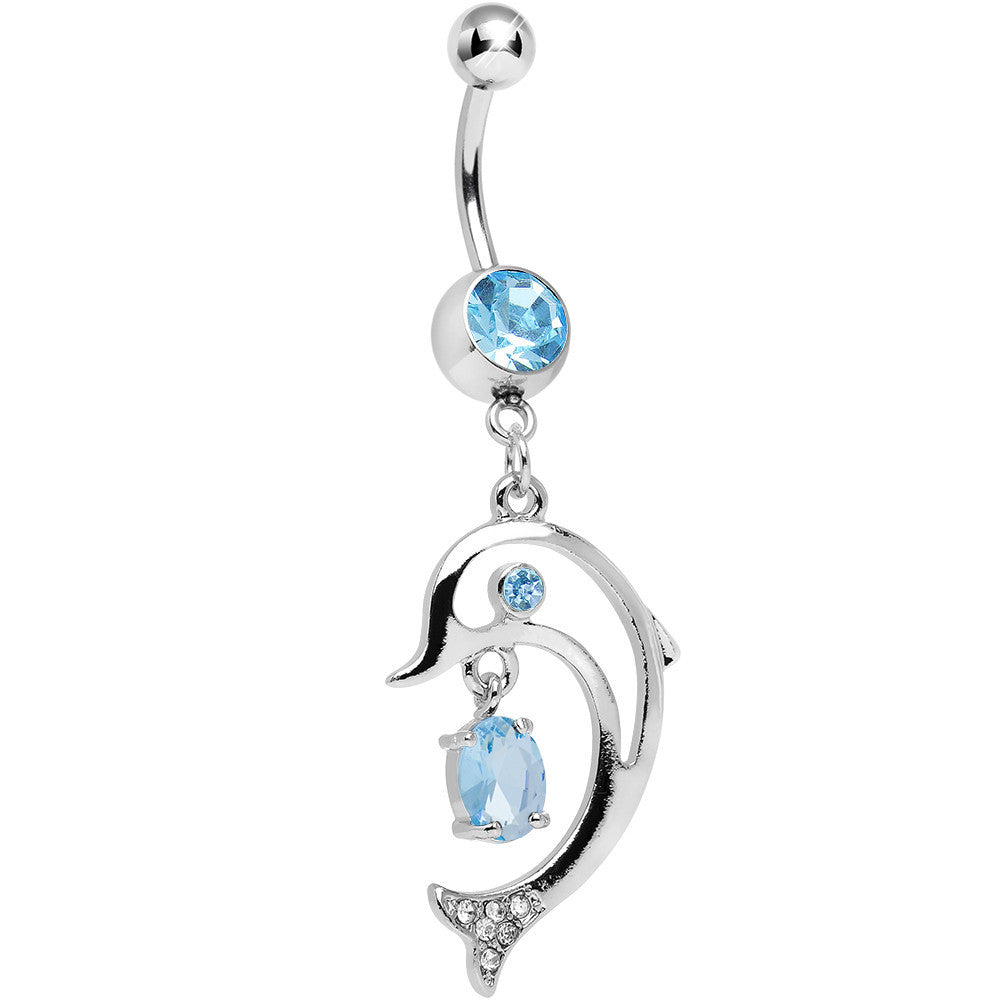 Aqua Cubic Zirconia Glamorous Frisking Dolphin Dangle Belly Ring