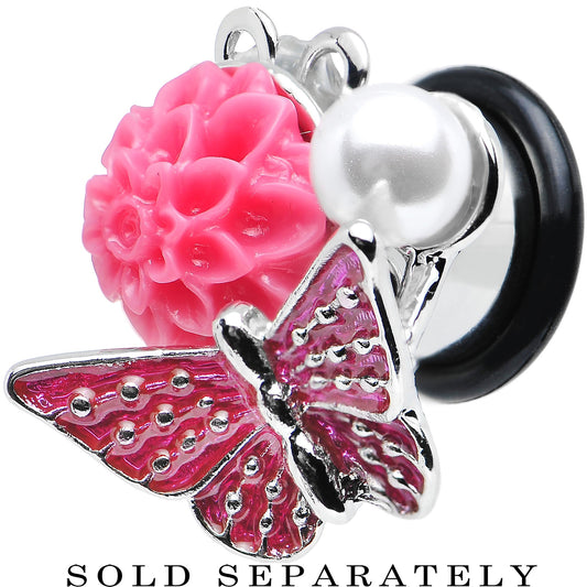 00G Pink Acrylic Flower Pink Butterfly Single Flare Steel Plug