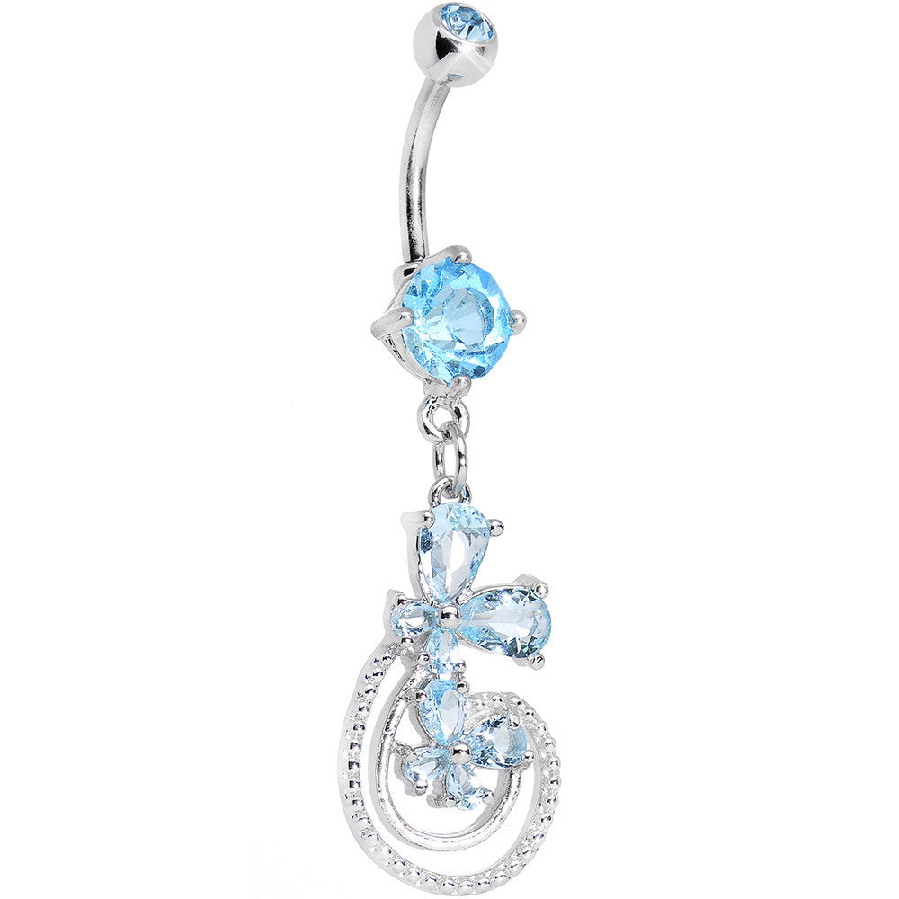 Aqua Cubic Zirconia Dazzling Duo Flowering Butterfly Dangle Belly Ring