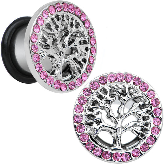 00G Pink Gem Stainless Steel Single Flare Tree of Life Plug Set