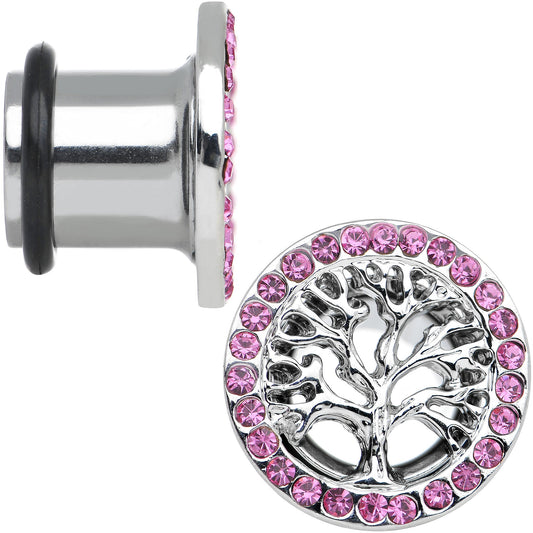00G Pink Gem Stainless Steel Single Flare Tree of Life Plug Set