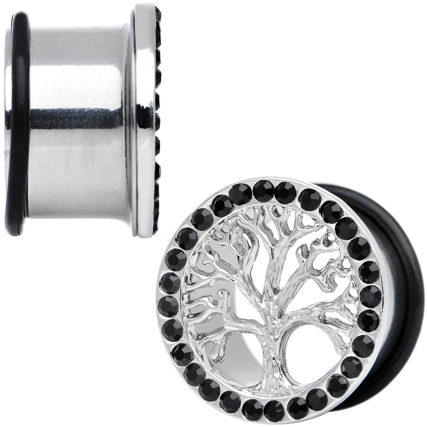 11/16 Black Gem Stainless Steel Single Flare Tree of Life Plug Set