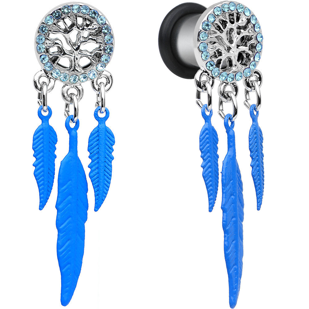 0G Blue Gem Steel Single Flare Tree of Life Dangle Plug Set