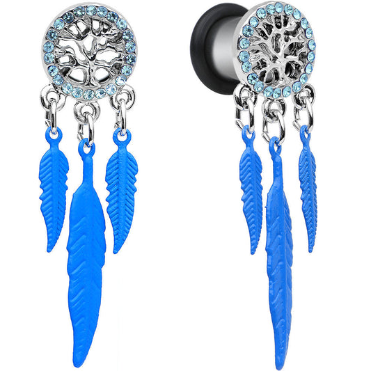 0G Blue Gem Steel Single Flare Tree of Life Dangle Plug Set