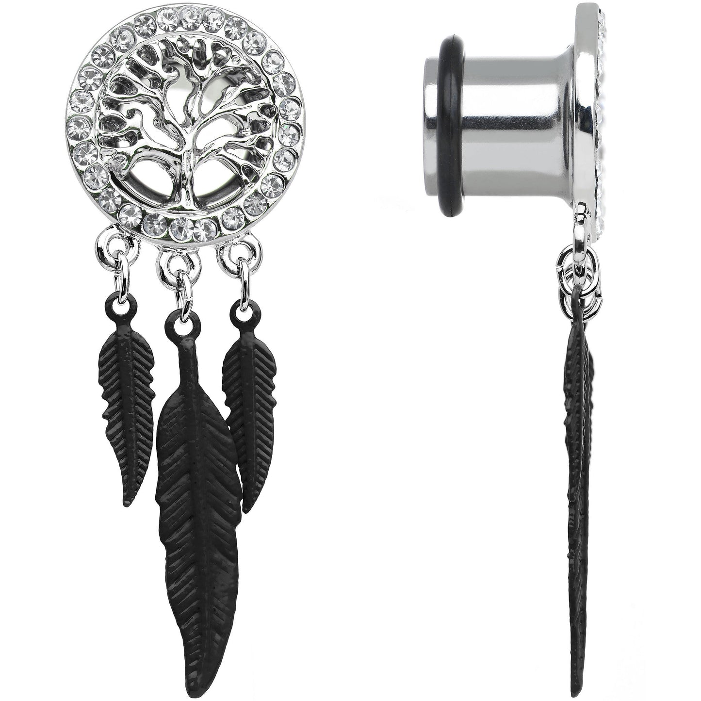 00G Clear Gem Steel Single Flare Tree of Life Dangle Plug Set