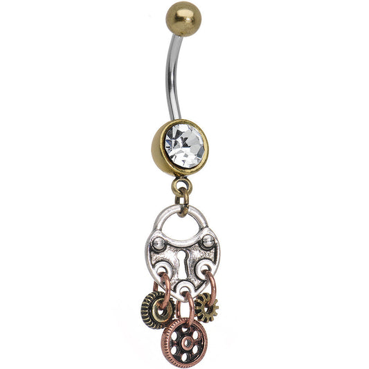 Antiqued Brass Steampunk Padlock Heart and Gears Dangle Belly Ring