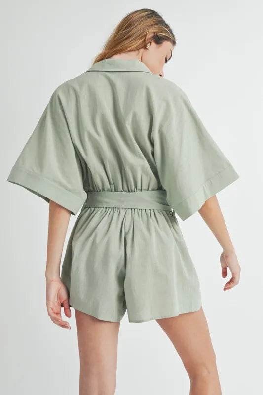 MABLE Embroidered Button Down Collared Neck Romper