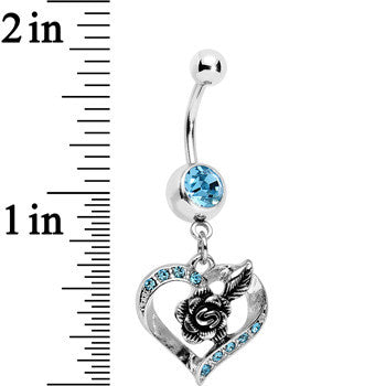 Aqua Gem Tattoo Rose Flower in a Hollow Heart Dangle Belly Ring