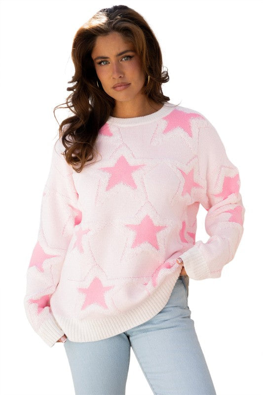Star Ribbed Trim Drop Shoulder Oversized Sweater