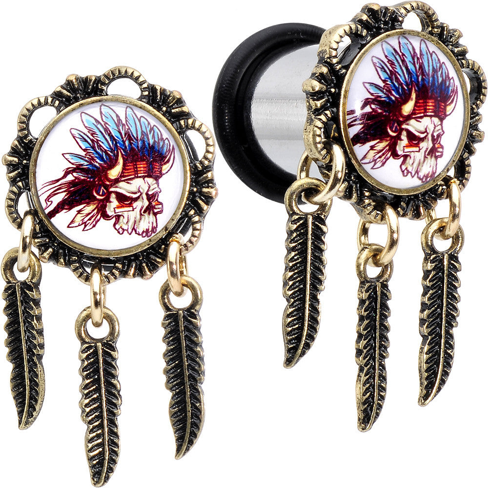 00G Steel Indian Skull Single Flare Feather Dangle Plug Set