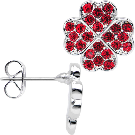 Stainless Steel Post Red Four Leaf Clover Heart Stud Earrings